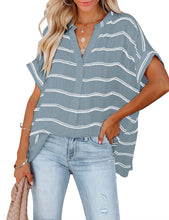 Vetinee Women's Striped V Neck Casual Tops Cuffed Batwing Sleeve Shirt Side Slit Blouse