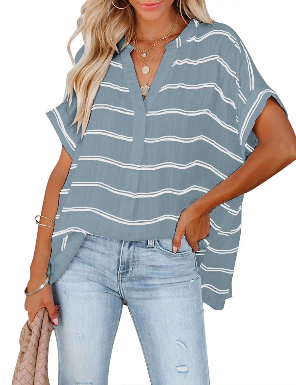 Vetinee Women's Striped V Neck Casual Tops Cuffed Batwing Sleeve Shirt Side Slit Blouse