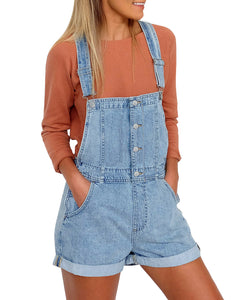 Vetinee Women's Classic Adjustable Straps Cuffed Hem Denim Bib Overalls Shorts