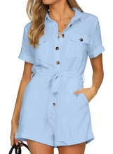 Vetinee Womens Summer Pockets Belted Romper Button Short Sleeve Jumpsuit Playsuit