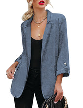 Vetinee Women's Open Front Denim Blazer Suit Lapel Washed Rolled Sleeve Jean Jacket Cardigan