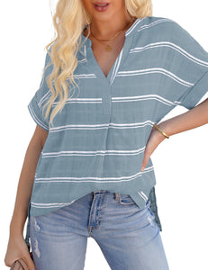 Vetinee Women's Striped V Neck Casual Tops Cuffed Batwing Sleeve Shirt Side Slit Blouse