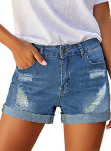 Vetinee Women's Mid Rise Frayed Raw Hem Ripped Destroyed Denim Shorts Jeans