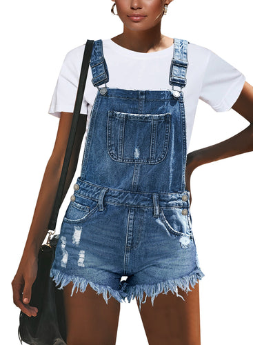 Vetinee Women's Classic Adjustable Straps Cuffed Hem Denim Bib Overalls Shorts