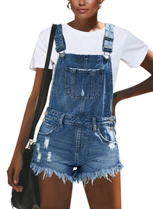 Vetinee Women's Classic Adjustable Straps Cuffed Hem Denim Bib Overalls Shorts