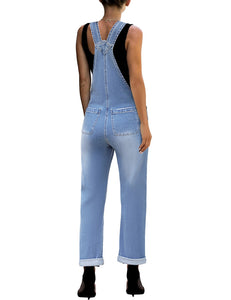 Vetinee Women's Frayed Hem Adjustable Straps Ripped Bib Denim Overalls Jeans Pants