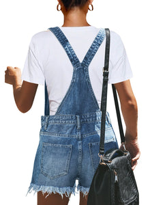 Vetinee Women's Classic Adjustable Straps Cuffed Hem Denim Bib Overalls Shorts