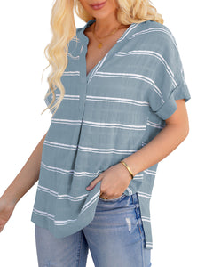 Vetinee Women's Striped V Neck Casual Tops Cuffed Batwing Sleeve Shirt Side Slit Blouse