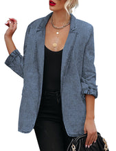 Vetinee Women's Open Front Denim Blazer Suit Lapel Washed Rolled Sleeve Jean Jacket Cardigan