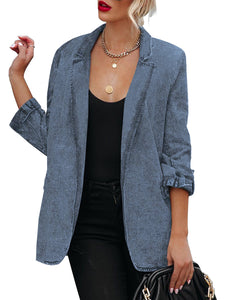 Vetinee Women's Open Front Denim Blazer Suit Lapel Washed Rolled Sleeve Jean Jacket Cardigan