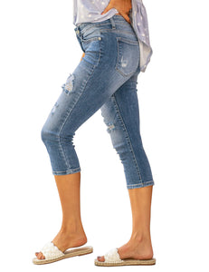 Vetinee Women's High Waisted Casual Ripped Skinny Slim Fit Stretch Denim Capri Jeans