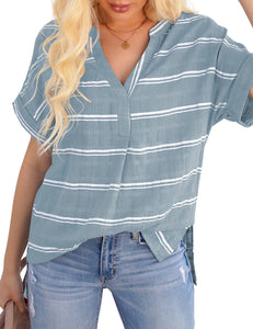 Vetinee Women's Striped V Neck Casual Tops Cuffed Batwing Sleeve Shirt Side Slit Blouse