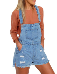 Vetinee Women's Classic Adjustable Straps Cuffed Hem Denim Bib Overalls Shorts