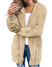 Vetinee Women Casual Fuzzy Fleece Hooded Cardigan Pocket Faux Fur Outerwear Coat
