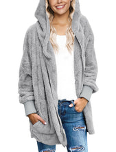 Vetinee Women Casual Fuzzy Fleece Hooded Cardigan Pocket Faux Fur Outerwear Coat