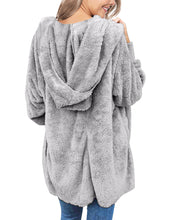 Vetinee Women Casual Fuzzy Fleece Hooded Cardigan Pocket Faux Fur Outerwear Coat