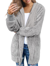Vetinee Women Casual Fuzzy Fleece Hooded Cardigan Pocket Faux Fur Outerwear Coat
