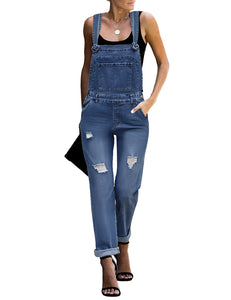 Vetinee Women's Frayed Hem Adjustable Straps Ripped Bib Denim Overalls Jeans Pants