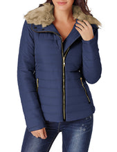 Vetinee Women Casual Faux Fur Lapel Zip Pockets Quilted Parka Jacket Puffer Coat