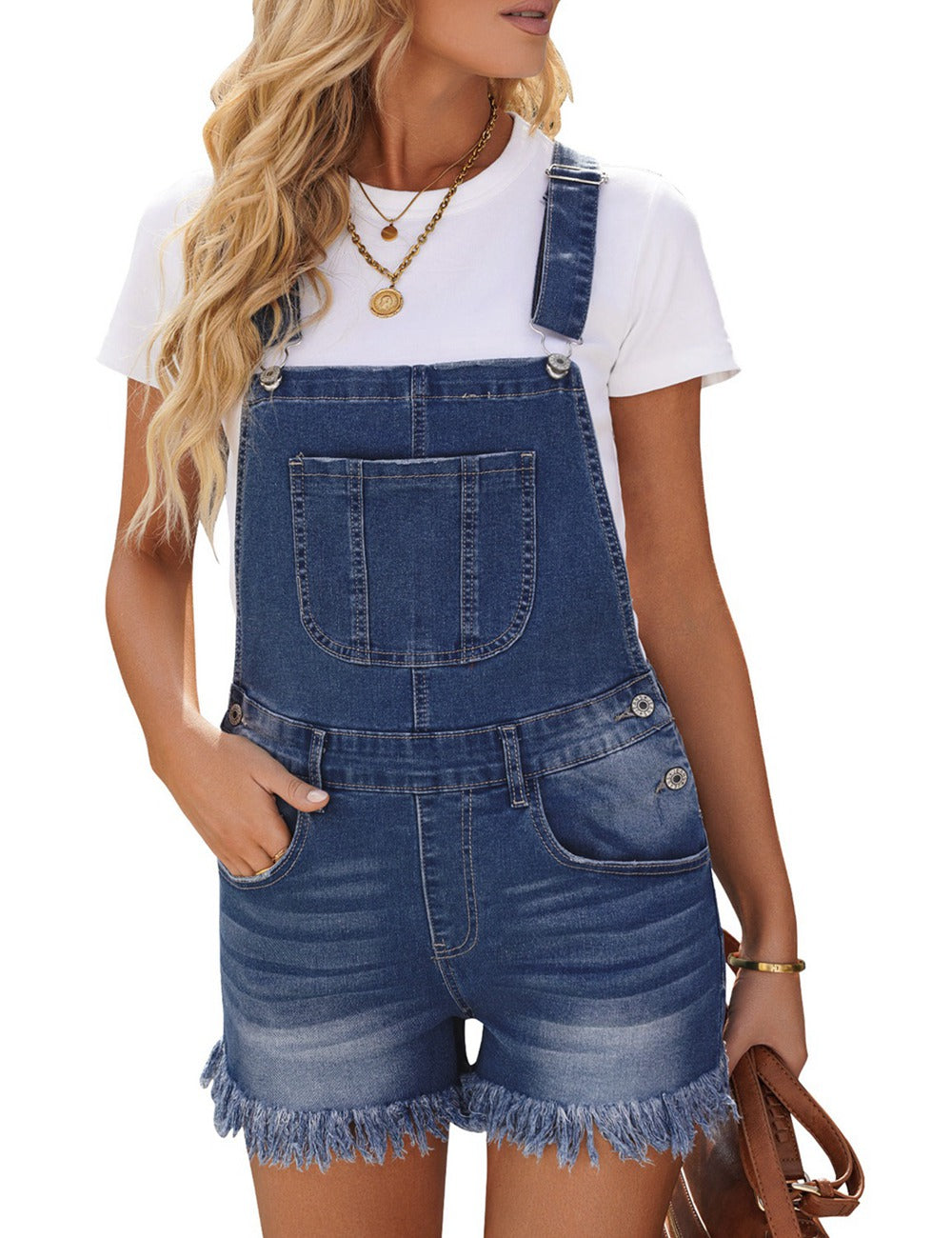 Vetinee Women's Classic Adjustable Straps Cuffed Hem Denim Bib Overalls Shorts