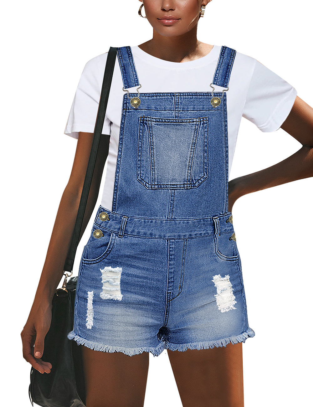 Vetinee Women's Classic Adjustable Straps Cuffed Hem Denim Bib Overalls Shorts