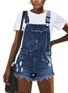 Vetinee Women's Classic Adjustable Straps Cuffed Hem Denim Bib Overalls Shorts