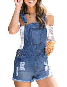 Vetinee Women's Classic Adjustable Straps Cuffed Hem Denim Bib Overalls Shorts