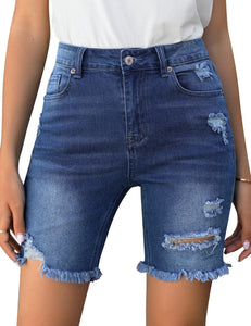 Vetinee Women's Ripped Frayed Hem Bermuda Jean Shorts High Rise Skinny Denim Shorts