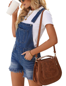 Vetinee Women's Classic Adjustable Straps Cuffed Hem Denim Bib Overalls Shorts