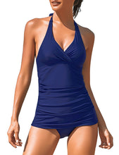 Vetinee Women's Halter Shirred Tankini Set Wrap V Neck Open Back Swimsuit Bathing Suit