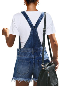 Vetinee Women's Classic Adjustable Straps Cuffed Hem Denim Bib Overalls Shorts