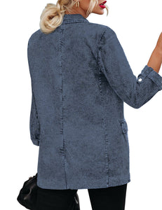 Vetinee Women's Open Front Denim Blazer Suit Lapel Washed Rolled Sleeve Jean Jacket Cardigan