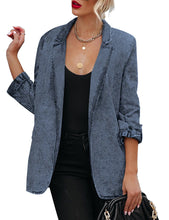 Vetinee Women's Open Front Denim Blazer Suit Lapel Washed Rolled Sleeve Jean Jacket Cardigan