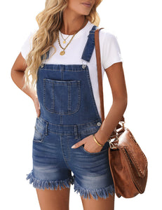 Vetinee Women's Classic Adjustable Straps Cuffed Hem Denim Bib Overalls Shorts