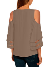 Vetinee Women's 3/4 Bell Sleeve Shirt Mesh Panel Blouse Cold Shoulder Crewneck Tops