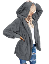 Vetinee Women Casual Fuzzy Fleece Hooded Cardigan Pocket Faux Fur Outerwear Coat
