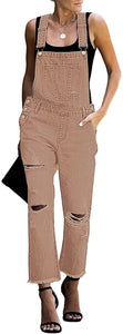Vetinee Women's Frayed Hem Adjustable Straps Ripped Bib Denim Overalls Jeans Pants