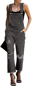 Vetinee Women's Frayed Hem Adjustable Straps Ripped Bib Denim Overalls Jeans Pants