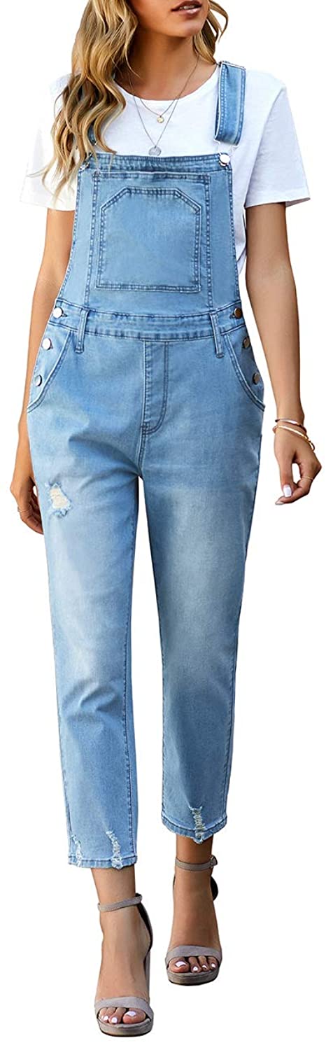 Vetinee Women's Frayed Hem Adjustable Straps Ripped Bib Denim Overalls Jeans Pants