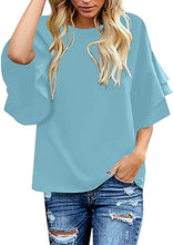 Vetinee Women's Tiered 3/4 Ruffled Bell Sleeve Tops Casual Crewneck Shirt Blouse