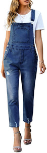 Vetinee Women's Frayed Hem Adjustable Straps Ripped Bib Denim Overalls Jeans Pants