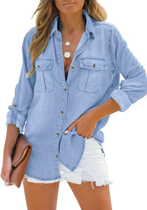 Vetinee Women's Button Down Denim Shirt Collared Casual Long Sleeve Pocket Tops