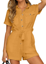 Vetinee Womens Summer Pockets Belted Romper Button Short Sleeve Jumpsuit Playsuit