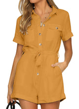 Vetinee Womens Summer Pockets Belted Romper Button Short Sleeve Jumpsuit Playsuit