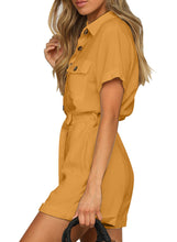 Vetinee Womens Summer Pockets Belted Romper Button Short Sleeve Jumpsuit Playsuit