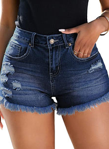 Vetinee Women's Mid Rise Frayed Raw Hem Ripped Destroyed Denim Shorts Jeans