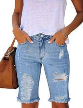Vetinee Women's Ripped Frayed Hem Bermuda Jean Shorts High Rise Skinny Denim Shorts
