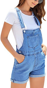 Vetinee Womens Pocket Denim Overalls Shorts Adjustable Cuffed Hem Jean Shortalls