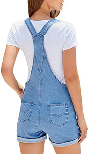 Vetinee Womens Pocket Denim Overalls Shorts Adjustable Cuffed Hem Jean Shortalls