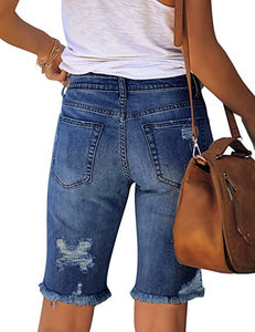 Vetinee Women's Ripped Frayed Hem Bermuda Jean Shorts High Rise Skinny Denim Shorts